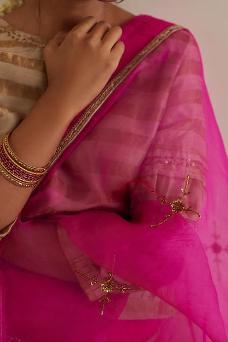 Buy_Shorshe Clothing_Pink Silk Organza, Satin, Handloom Cotton Lace Embroidered Saree With Blouse _Online_at_Aza_Fashions