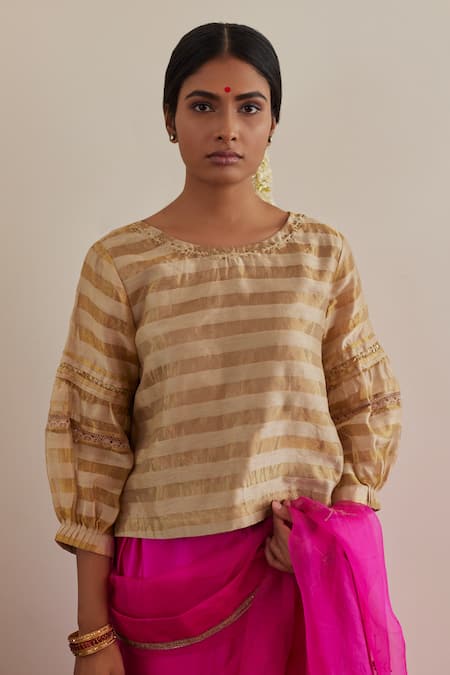 Shop_Shorshe Clothing_Pink Silk Organza, Satin, Handloom Cotton Lace Embroidered Saree With Blouse _Online_at_Aza_Fashions