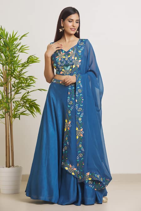 Naintara Bajaj Blue Lehenga And Blouse Tussar Embroidered Floral Leaf Set