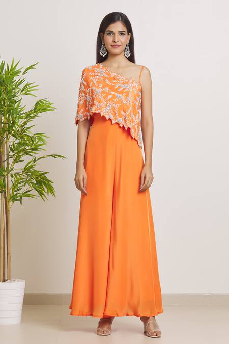 Samyukta Singhania_Orange Crepe Embroidery One Shoulder Jumpsuit With Floral Cape _Online_at_Aza_Fashions