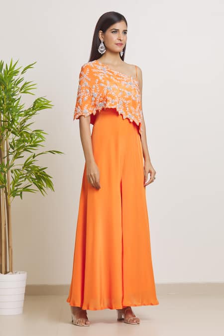 Buy_Samyukta Singhania_Orange Crepe Embroidery One Shoulder Jumpsuit With Floral Cape _Online_at_Aza_Fashions
