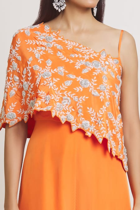 Shop_Samyukta Singhania_Orange Crepe Embroidery One Shoulder Jumpsuit With Floral Cape _Online_at_Aza_Fashions