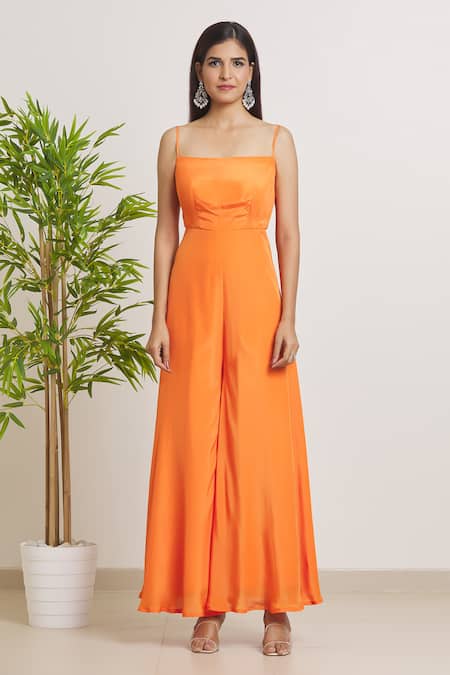 Samyukta Singhania_Orange Crepe Embroidery One Shoulder Jumpsuit With Floral Cape _at_Aza_Fashions