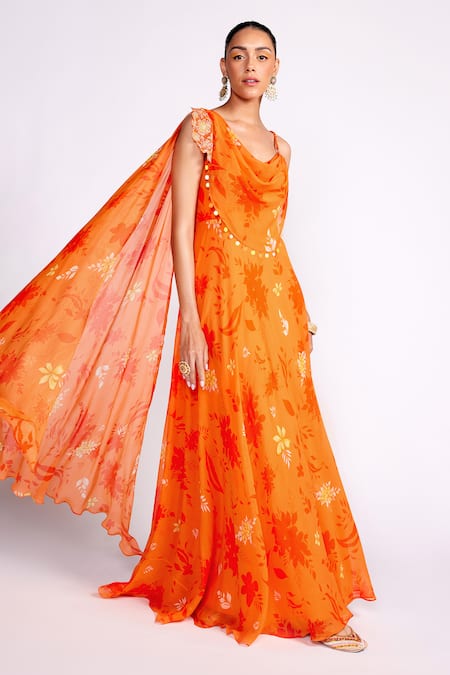 ISHA GUPTA TAYAL_Orange Georgette, Satin Embroidery, Sequins Cowl Neck Floral Print Anarkali Gown _Online_at_Aza_Fashions
