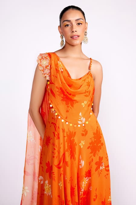 Buy_ISHA GUPTA TAYAL_Orange Georgette, Satin Embroidery, Sequins Cowl Neck Floral Print Anarkali Gown _Online_at_Aza_Fashions