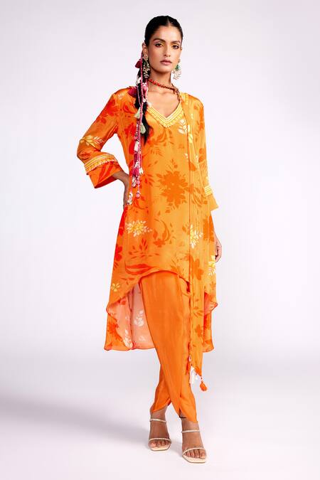 Buy_ISHA GUPTA TAYAL_Orange Crepe Sequins, Tassels V-neck Tonal Floral Print Kurta Set _Online_at_Aza_Fashions