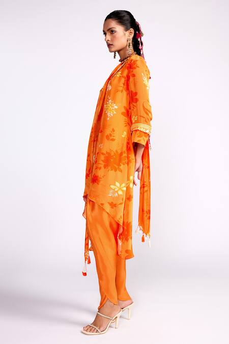 Shop_ISHA GUPTA TAYAL_Orange Crepe Sequins, Tassels V-neck Tonal Floral Print Kurta Set _Online_at_Aza_Fashions