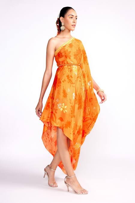 ISHA GUPTA TAYAL_Orange Crepe Sequins Asymmetric Tonal Floral Print Kaftan With Belt _Online_at_Aza_Fashions
