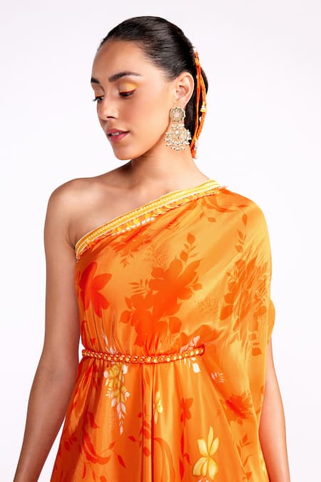 Buy_ISHA GUPTA TAYAL_Orange Crepe Sequins Asymmetric Tonal Floral Print Kaftan With Belt _Online_at_Aza_Fashions