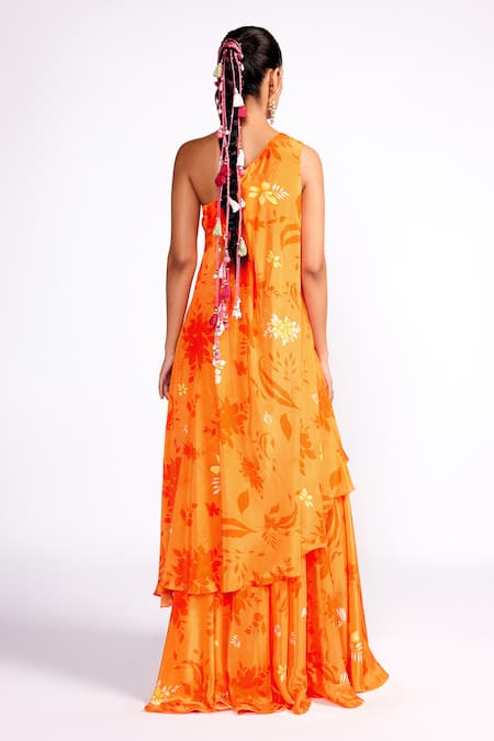 Shop ISHA GUPTA TAYAL Orange Crepe Sequins, Embroidery Asymmetric Floral Print Tunic And Sharara Set at Aza Fashions Shop_ISHA GUPTA TAYAL_Orange Crepe Sequins, Embroidery Asymmetric Floral Print Tunic And Sharara Set _at_Aza_Fashions