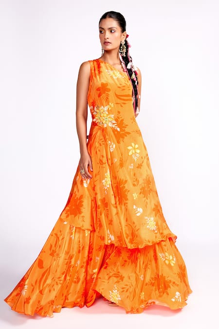 ISHA GUPTA TAYAL Orange Crepe Sequins, Embroidery Asymmetric Floral Print Tunic And Sharara Set Online at Aza Fashions ISHA GUPTA TAYAL_Orange Crepe Sequins, Embroidery Asymmetric Floral Print Tunic And Sharara Set _Online_at_Aza_Fashions