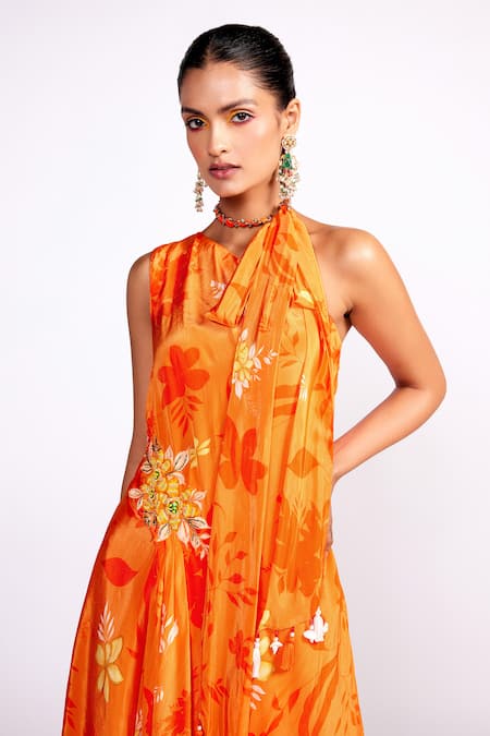Buy ISHA GUPTA TAYAL Orange Crepe Sequins, Embroidery Asymmetric Floral Print Tunic And Sharara Set Online at Aza Fashions Buy_ISHA GUPTA TAYAL_Orange Crepe Sequins, Embroidery Asymmetric Floral Print Tunic And Sharara Set _Online_at_Aza_Fashions