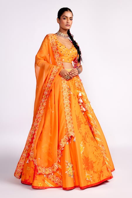 ISHA GUPTA TAYAL Orange Silk, Organza Sequins, Beads, Embroidery Geometric Lehenga Set Online at Aza Fashions ISHA GUPTA TAYAL_Orange Silk, Organza Sequins, Beads, Embroidery Geometric Lehenga Set _Online_at_Aza_Fashions