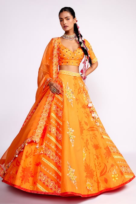 Buy ISHA GUPTA TAYAL Orange Silk, Organza Sequins, Beads, Embroidery Geometric Lehenga Set Online at Aza Fashions Buy_ISHA GUPTA TAYAL_Orange Silk, Organza Sequins, Beads, Embroidery Geometric Lehenga Set _Online_at_Aza_Fashions