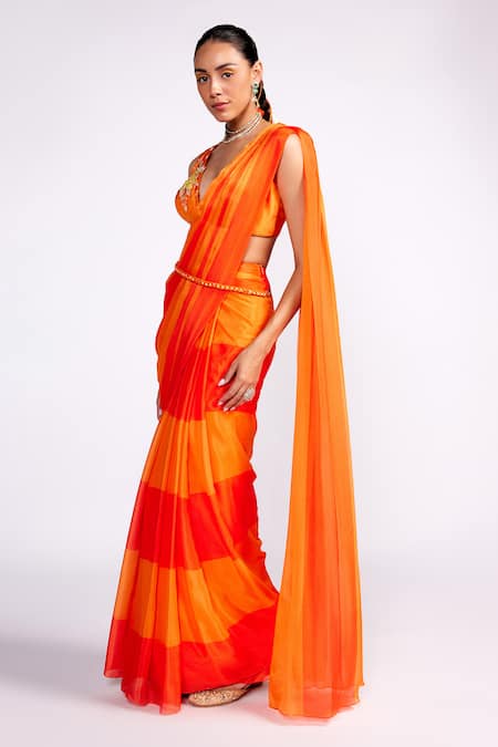 ISHA GUPTA TAYAL_Orange Chiffon, Satin Sequins, Beads, Pre-draped Saree And Embroidered Blouse Set _Online_at_Aza_Fashions