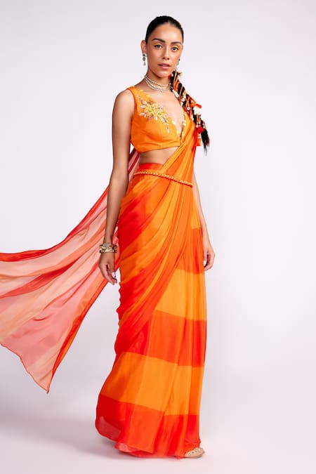 Buy_ISHA GUPTA TAYAL_Orange Chiffon, Satin Sequins, Beads, Pre-draped Saree And Embroidered Blouse Set _Online_at_Aza_Fashions