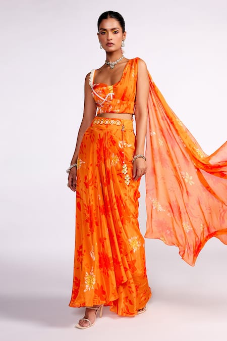 Isha Gupta Tayal Orange Crepe Print Sequins Sweetheart Neck Floral Draped Bustier And Skirt Set 