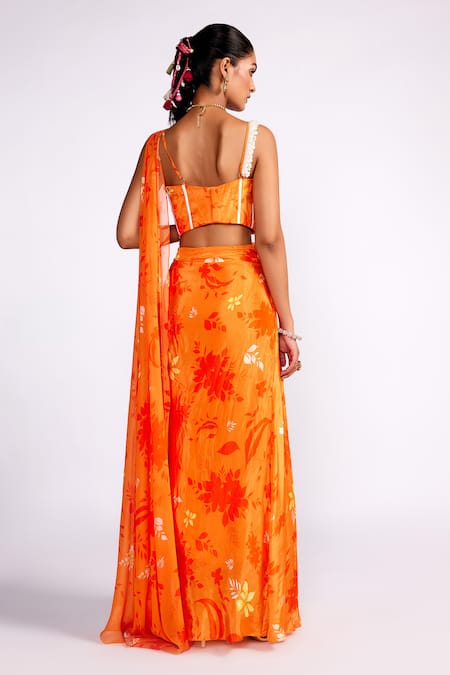Shop_ISHA GUPTA TAYAL_Orange Crepe Sequins, Beads, Embroidery, Floral Print Draped Bustier And Skirt Set _at_Aza_Fashions