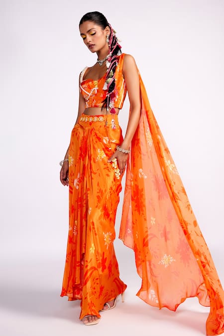 ISHA GUPTA TAYAL_Orange Crepe Sequins, Beads, Embroidery, Floral Print Draped Bustier And Skirt Set _Online_at_Aza_Fashions