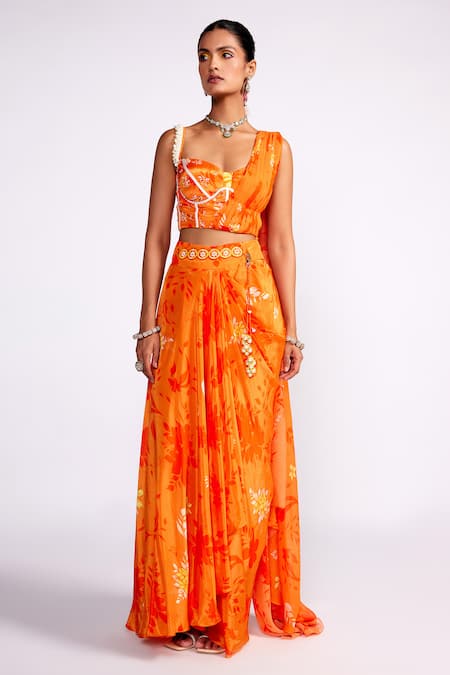 Buy_ISHA GUPTA TAYAL_Orange Crepe Sequins, Beads, Embroidery, Floral Print Draped Bustier And Skirt Set _Online_at_Aza_Fashions