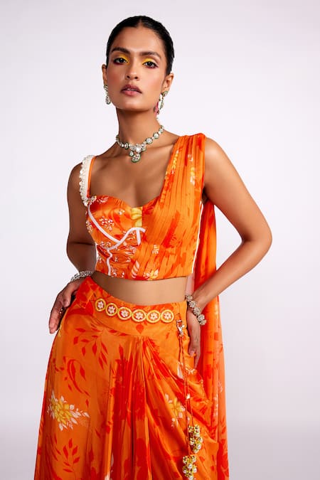 Shop_ISHA GUPTA TAYAL_Orange Crepe Sequins, Beads, Embroidery, Floral Print Draped Bustier And Skirt Set _Online_at_Aza_Fashions