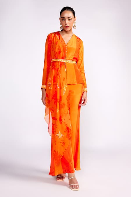 Isha Gupta Tayal Orange Crepe Printed Scarf And Embroidered Stripe Pattern Short Tunic Pant Set 