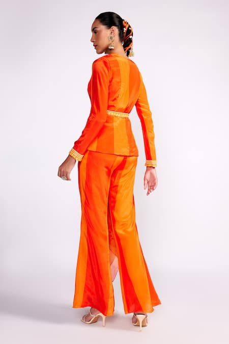 Shop_ISHA GUPTA TAYAL_Orange Crepe Embroidery, Sequins, Cut Work Stripe Pattern Short Tunic Pant Set _at_Aza_Fashions