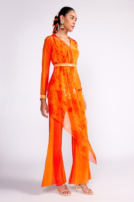 ISHA GUPTA TAYAL_Orange Crepe Embroidery, Sequins, Cut Work Stripe Pattern Short Tunic Pant Set _Online_at_Aza_Fashions
