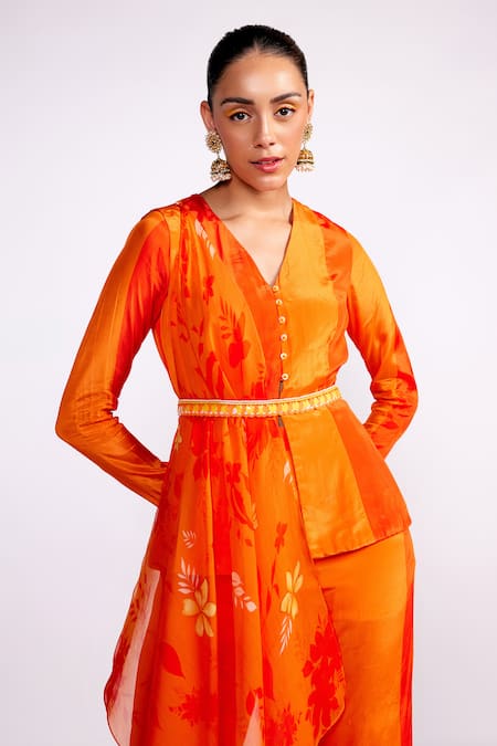 Buy_ISHA GUPTA TAYAL_Orange Crepe Embroidery, Sequins, Cut Work Stripe Pattern Short Tunic Pant Set _Online_at_Aza_Fashions