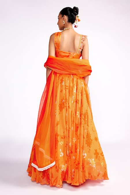 Shop_Isha Gupta Tayal_Orange Organza, Georgette, Satin Sequins, Floral Bloom Print Lehenga Set _at_Aza_Fashions