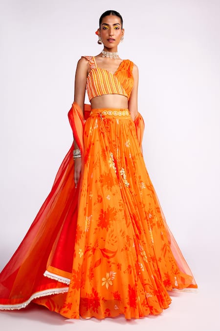 Isha Gupta Tayal_Orange Organza, Georgette, Satin Sequins, Floral Bloom Print Lehenga Set _Online_at_Aza_Fashions