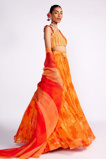 Buy_Isha Gupta Tayal_Orange Organza, Georgette, Satin Sequins, Floral Bloom Print Lehenga Set _Online_at_Aza_Fashions