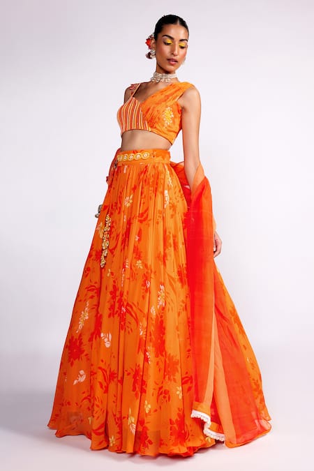 Shop_Isha Gupta Tayal_Orange Organza, Georgette, Satin Sequins, Floral Bloom Print Lehenga Set _Online_at_Aza_Fashions