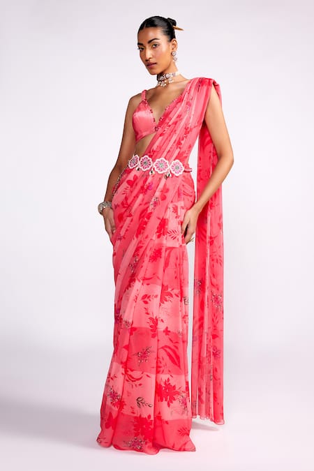 ISHA GUPTA TAYAL_Pink Chiffon, Satin Embroidery, Sequins Pre-draped Floral Print Saree Blouse Set _Online_at_Aza_Fashions