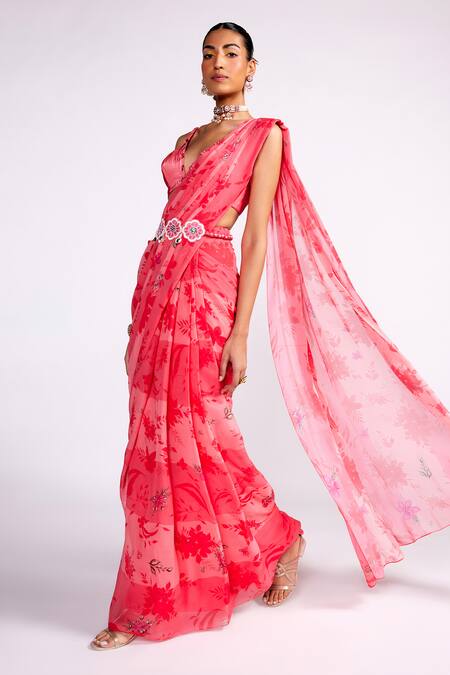 Buy_ISHA GUPTA TAYAL_Pink Chiffon, Satin Embroidery, Sequins Pre-draped Floral Print Saree Blouse Set _Online_at_Aza_Fashions