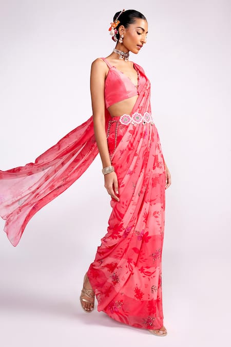 Shop_ISHA GUPTA TAYAL_Pink Chiffon, Satin Embroidery, Sequins Pre-draped Floral Print Saree Blouse Set _Online_at_Aza_Fashions