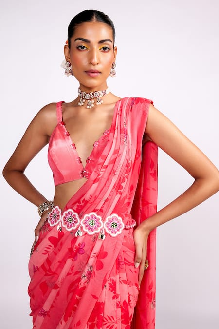 ISHA GUPTA TAYAL_Pink Chiffon, Satin Embroidery, Sequins Pre-draped Floral Print Saree Blouse Set _at_Aza_Fashions