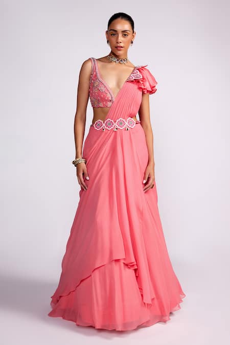 ISHA GUPTA TAYAL_Pink Georgette, Satin Sequins, Pre-draped Saree With Floral Embroidered Blouse _Online_at_Aza_Fashions