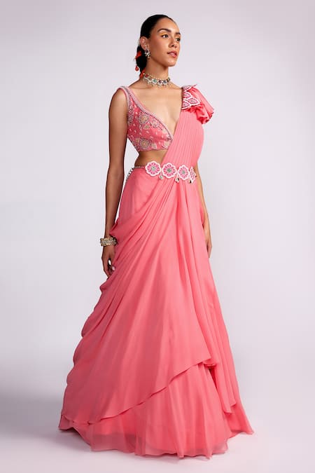 Buy_ISHA GUPTA TAYAL_Pink Georgette, Satin Sequins, Pre-draped Saree With Floral Embroidered Blouse _Online_at_Aza_Fashions