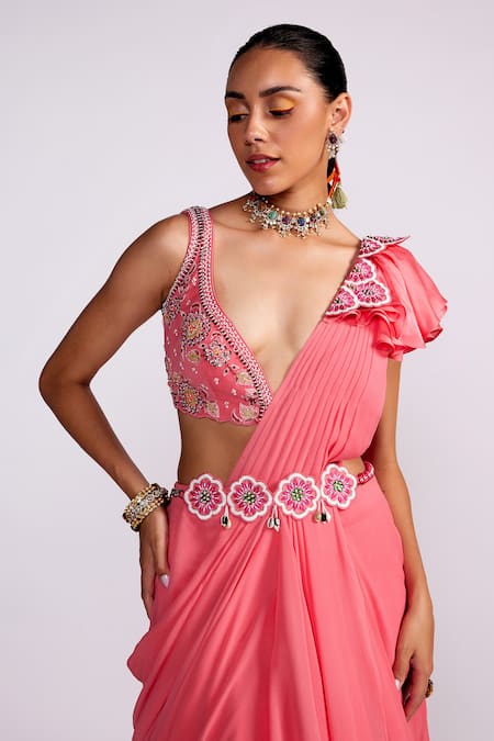 Shop_ISHA GUPTA TAYAL_Pink Georgette, Satin Sequins, Pre-draped Saree With Floral Embroidered Blouse _Online_at_Aza_Fashions