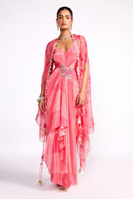 Isha Gupta Tayal Pink Crepe Print Floral Sweetheart Neck Color Block Draped Dress With Cape 