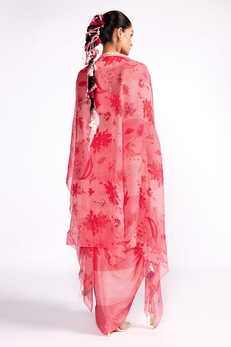 Shop ISHA GUPTA TAYAL Pink Organza, Crepe Sequins, Cut Work Color Block Draped Dress With Cape at Aza Fashions Shop_ISHA GUPTA TAYAL_Pink Organza, Crepe Sequins, Cut Work Color Block Draped Dress With Cape _at_Aza_Fashions