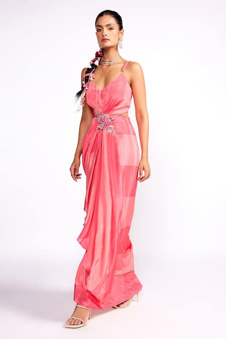 ISHA GUPTA TAYAL Pink Organza, Crepe Sequins, Cut Work Color Block Draped Dress With Cape Online at Aza Fashions ISHA GUPTA TAYAL_Pink Organza, Crepe Sequins, Cut Work Color Block Draped Dress With Cape _Online_at_Aza_Fashions