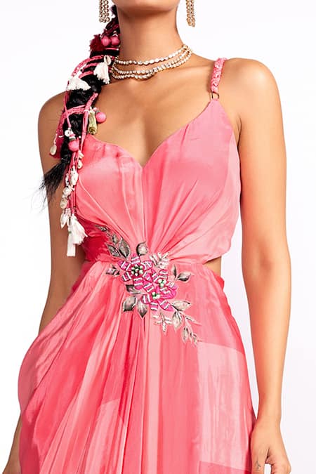 ISHA GUPTA TAYAL Pink Crepe, Linen Embroidery Sweetheart Neck Color Block Draped Dress Online at Aza Fashions ISHA GUPTA TAYAL_Pink Crepe, Linen Embroidery Sweetheart Neck Color Block Draped Dress _Online_at_Aza_Fashions