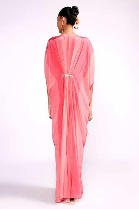 Shop_ISHA GUPTA TAYAL_Pink Crepe V-neck Floral Print Draped Kaftan _at_Aza_Fashions