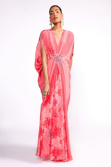 ISHA GUPTA TAYAL_Pink Crepe V-neck Floral Print Draped Kaftan _Online_at_Aza_Fashions