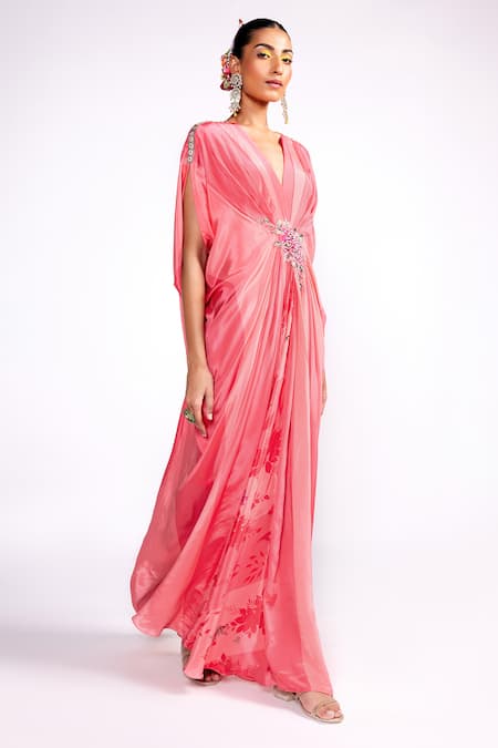 Buy_ISHA GUPTA TAYAL_Pink Crepe V-neck Floral Print Draped Kaftan _Online_at_Aza_Fashions