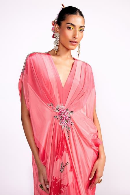 Shop_ISHA GUPTA TAYAL_Pink Crepe V-neck Floral Print Draped Kaftan _Online_at_Aza_Fashions