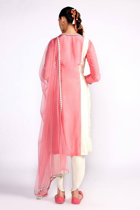 Shop_ISHA GUPTA TAYAL_Pink Silk, Crepe, Chiffon Sequins Square Neck Placement Embroidered Kurta Set _at_Aza_Fashions