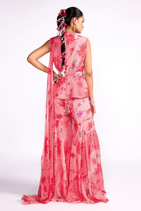 Shop_ISHA GUPTA TAYAL_Pink Silk, Crepe Embroidery V-neck Floral Print Peplum Top Sharara Set _at_Aza_Fashions